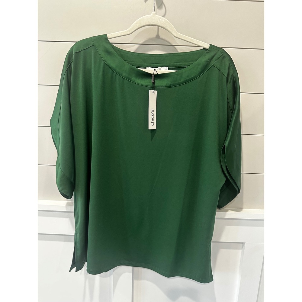 Chicos Palm Leaf Green Dolman Satin Mix Tee Top 570391490 Size 2 Large New